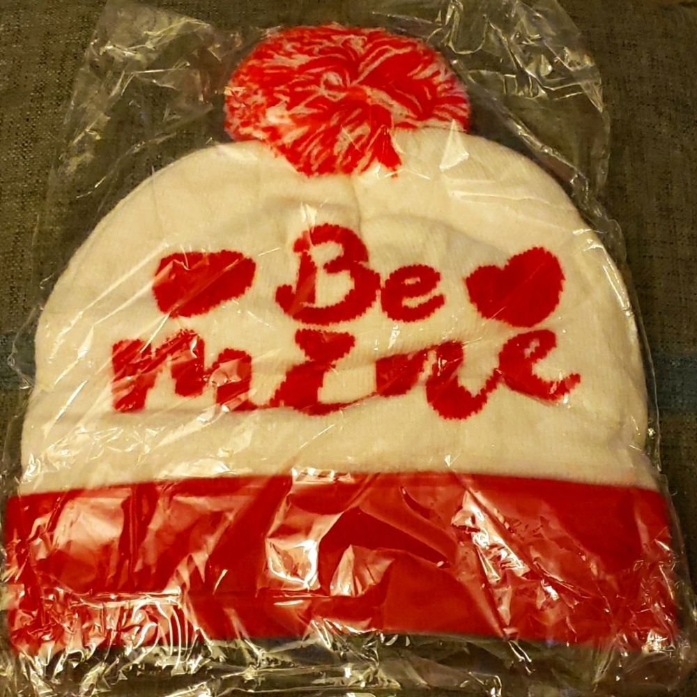 Valentine's Day White Knit Beanie with Be Mine and a White/Red PomPom Trim